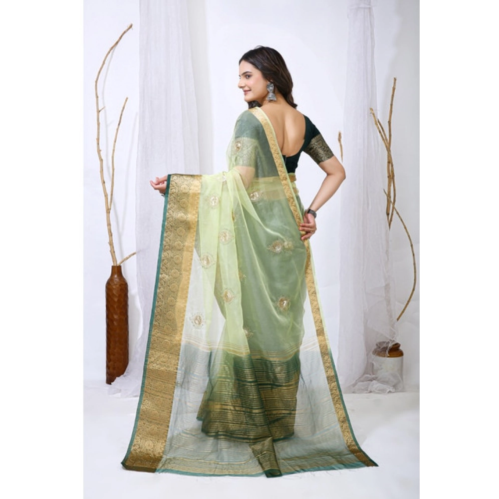 Women's Organza jacquard Embellished Saree With Unstitched Blouse 5.5Mtr (Light Green) - Image 2