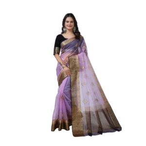 Women's Organza jacquard Embellished Saree With Unstitched Blouse 5.5Mtr (Purple)