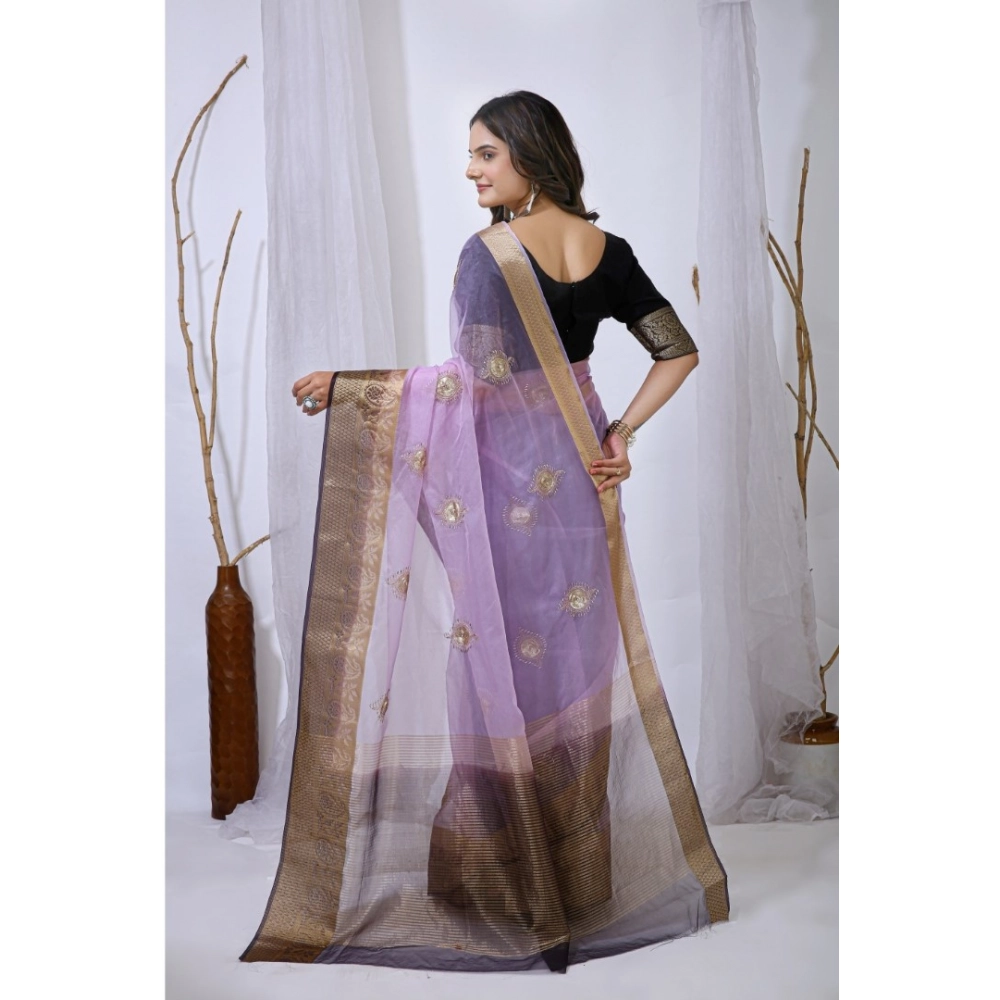 Women's Organza jacquard Embellished Saree With Unstitched Blouse 5.5Mtr (Purple) - Image 2