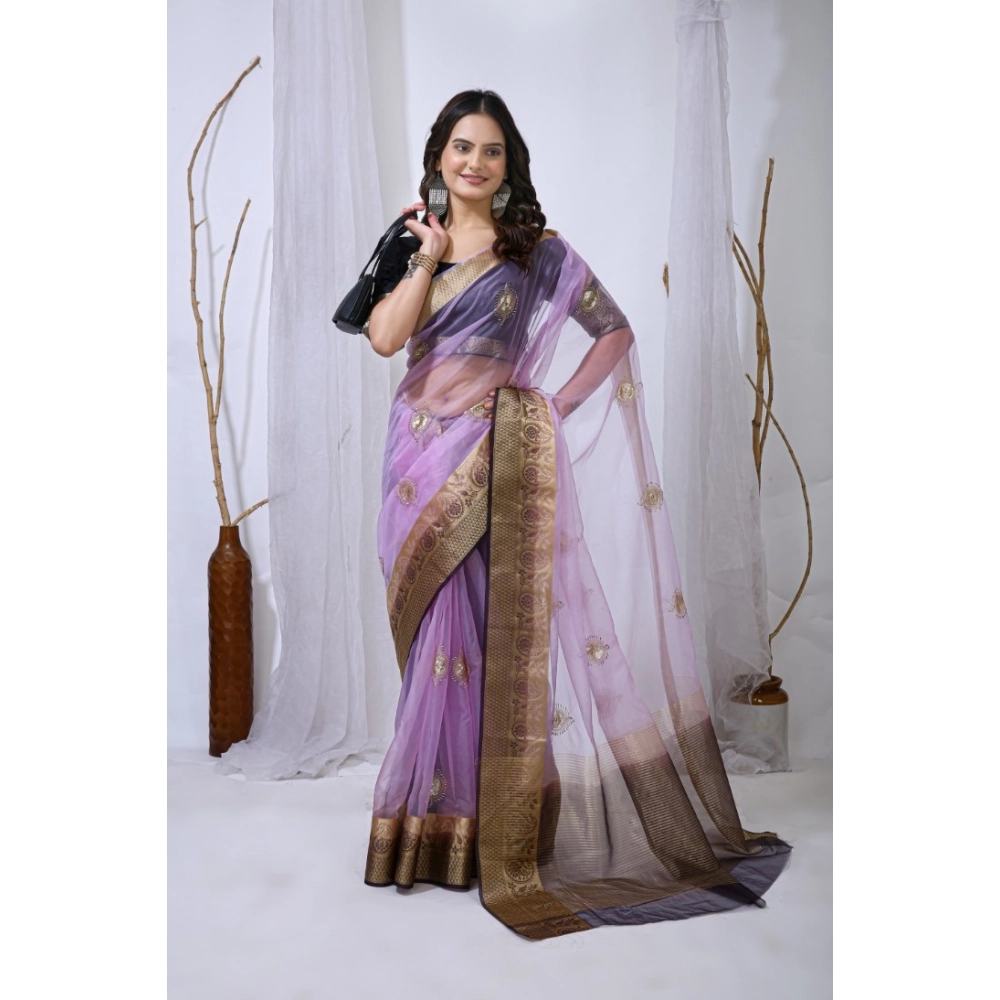 Women's Organza jacquard Embellished Saree With Unstitched Blouse 5.5Mtr (Purple) - Image 4