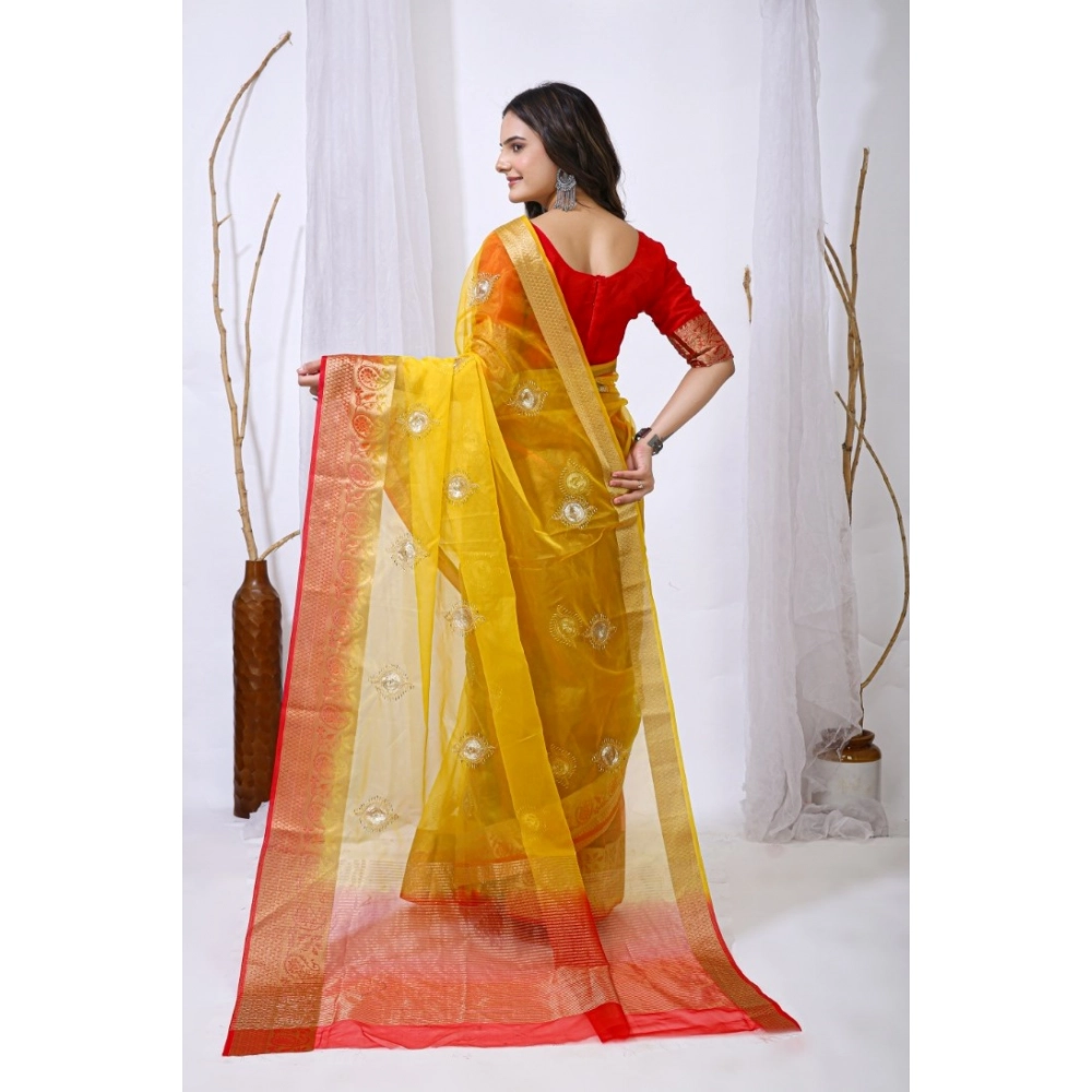 Women's Organza jacquard Embellished Saree With Unstitched Blouse 5.5Mtr (Yellow) - Image 2