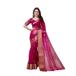 Women's Organza jacquard Embellished Saree With Unstitched Blouse 5.5Mtr (Pink)