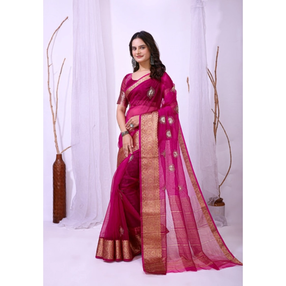 Women's Organza jacquard Embellished Saree With Unstitched Blouse 5.5Mtr (Pink) - Image 3