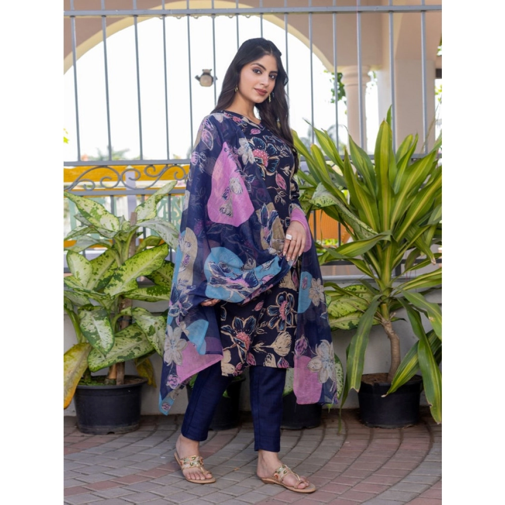 Women's Cotton Blend Printed Kurti With Pant Dupatta Set (NavyBlue) - Image 2