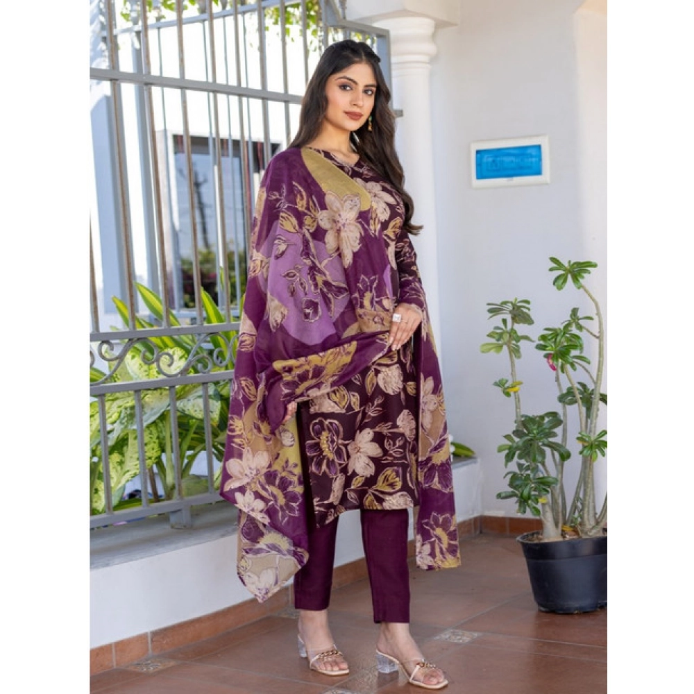 Women's Cotton Blend Printed Kurti With Pant Dupatta Set (Purple) - Image 3