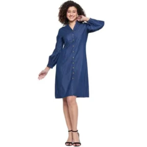 Women's Casual Denim Full sleeve Dress (Blue)