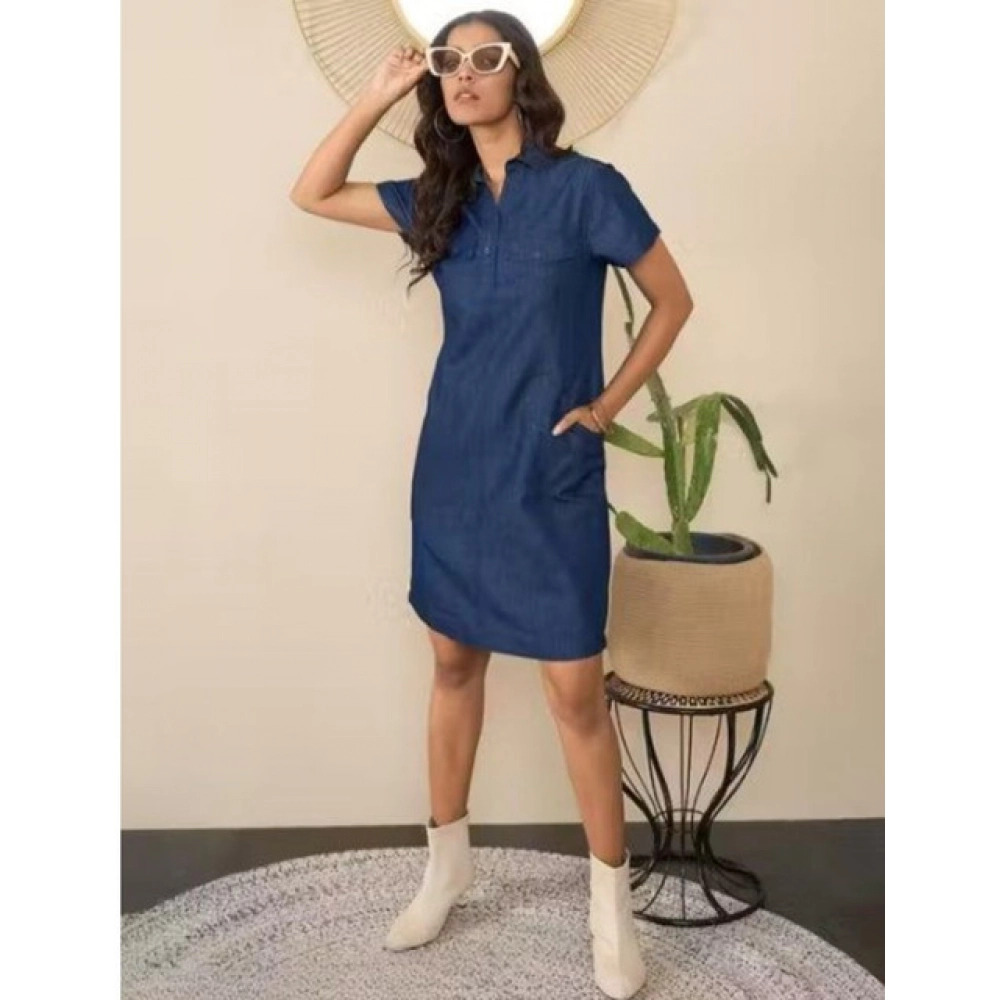 Women's Casual Denim Half Sleeves Dress (Blue) - Image 2