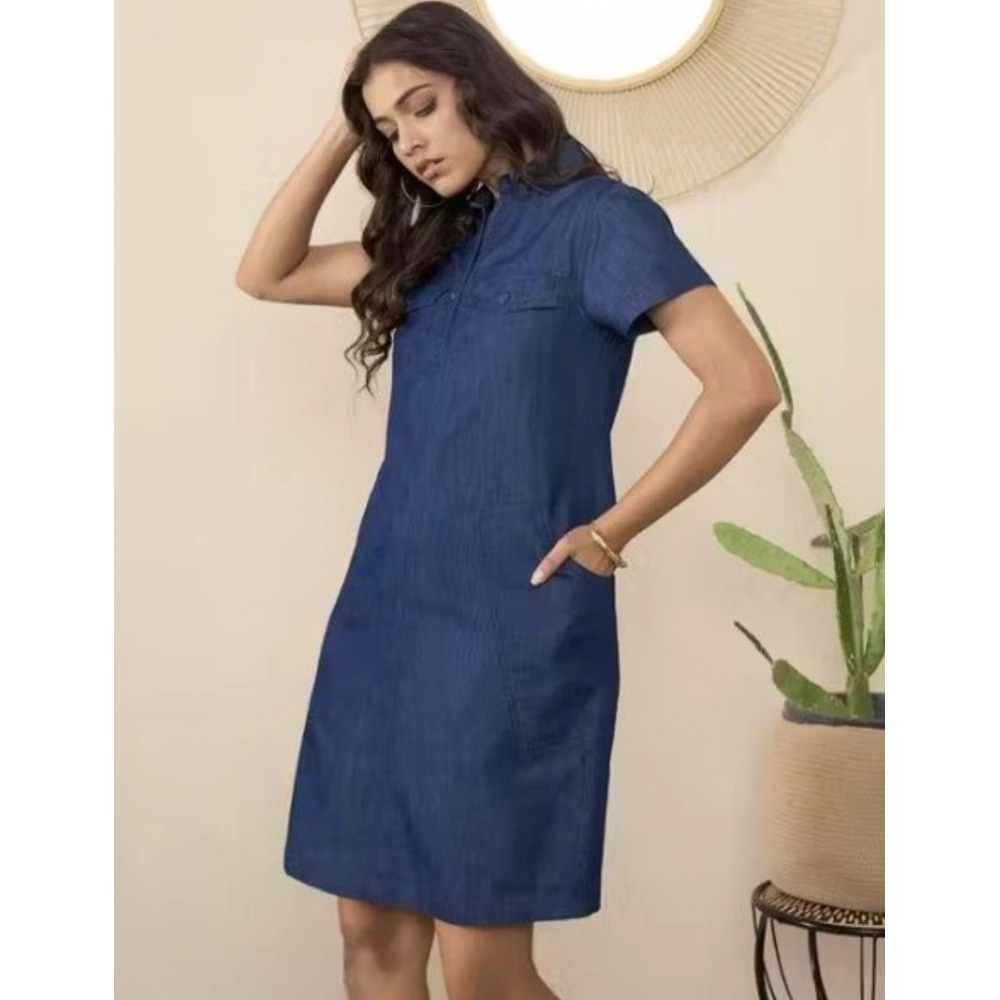 Women's Casual Denim Half Sleeves Dress (Blue) - Image 3