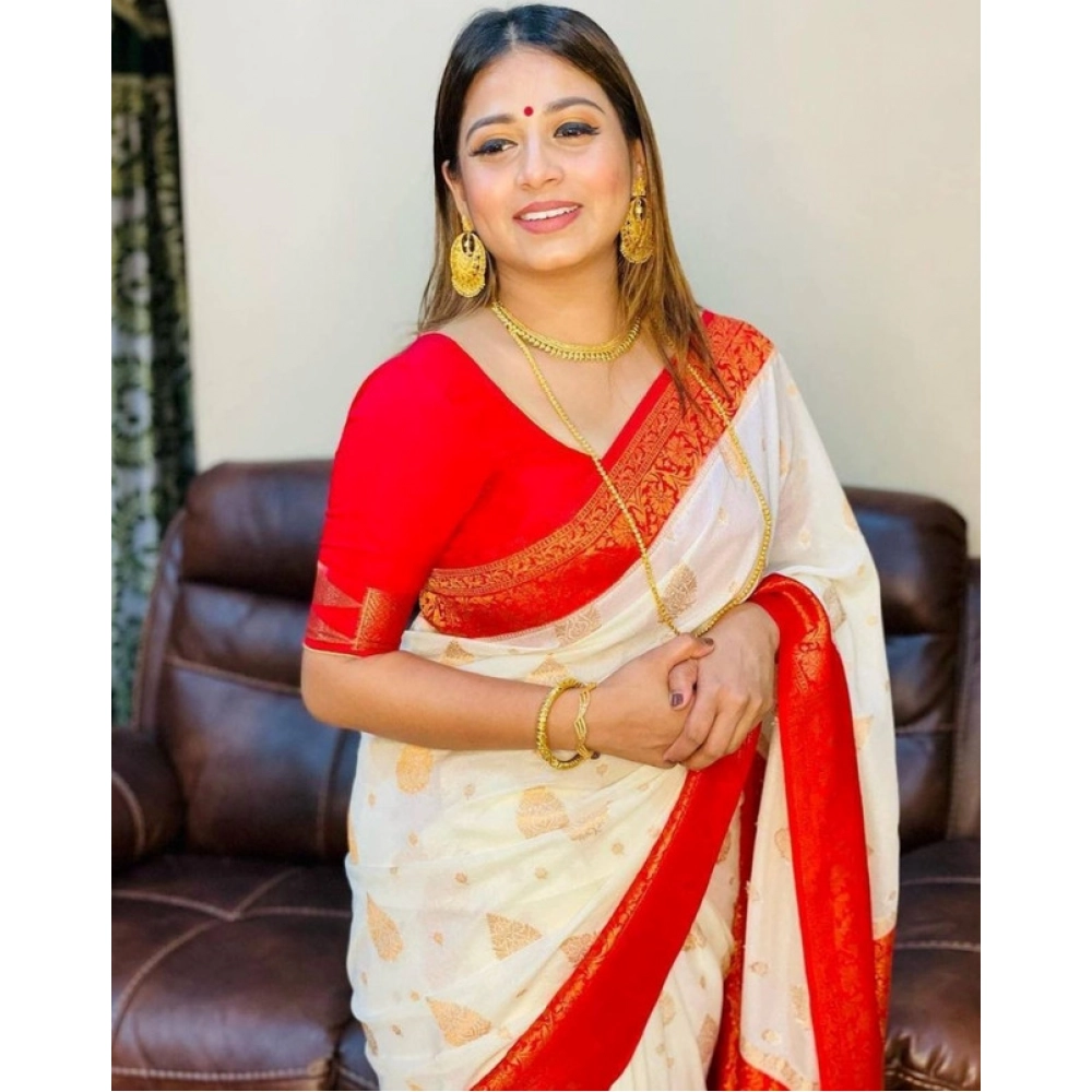 Women's Soft Lichi Silk Printed Saree With Unstitched Blouse 5.5Mtr (White) - Image 2