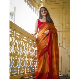 Women's Soft Lilan Printed Saree With Unstitched Blouse 5.5Mtr (Mustard )