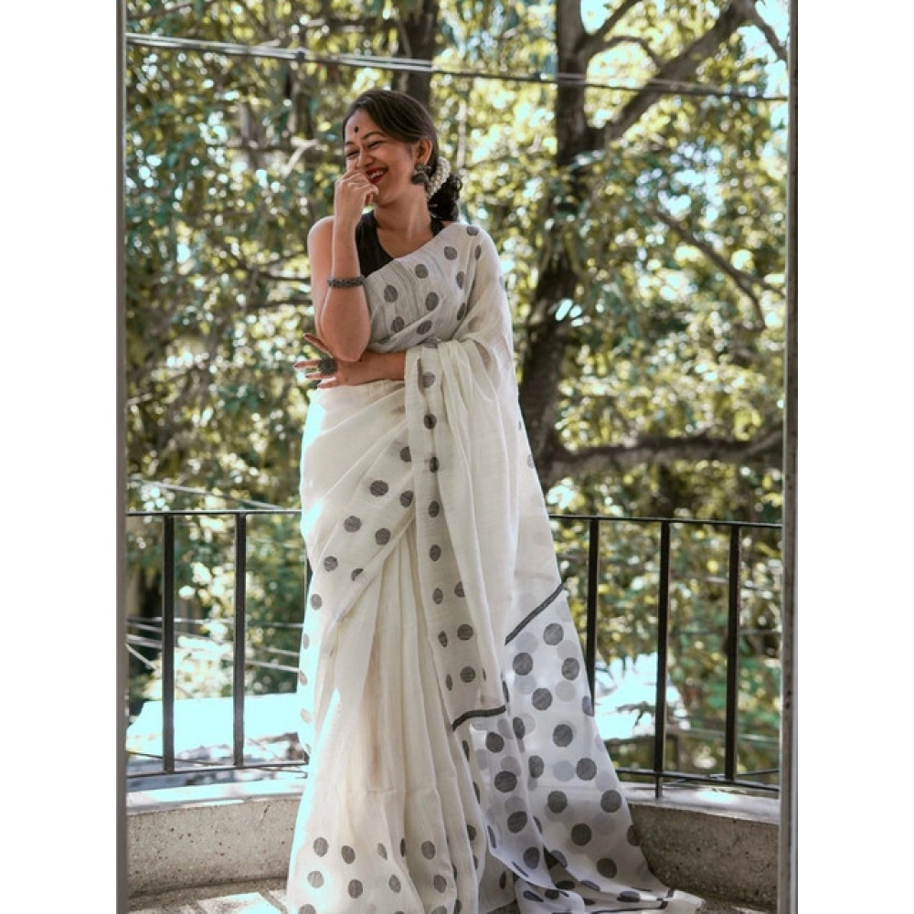 Women's Soft Lilan Printed Saree With Unstitched Blouse 5.5Mtr (White) - Image 2