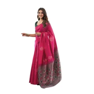 Women's Soft Lichi Silk Printed Saree With Unstitched Blouse 5.5Mtr (Pink)