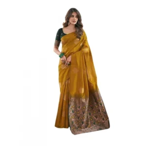 Women's Soft Lichi Silk Printed Saree With Unstitched Blouse 5.5Mtr (Mustard )