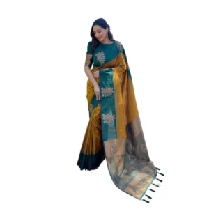 Women's Soft Lichi Silk Printed Saree With Unstitched Blouse 5.5Mtr (Mustard )