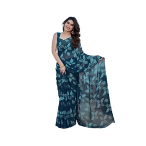 Women's Chiffon Printed Saree With Unstitched Blouse 5.5Mtr (Blue)