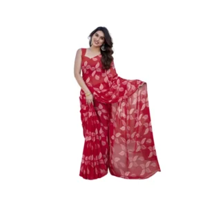 Women's Chiffon Printed Saree With Unstitched Blouse 5.5Mtr (Red)