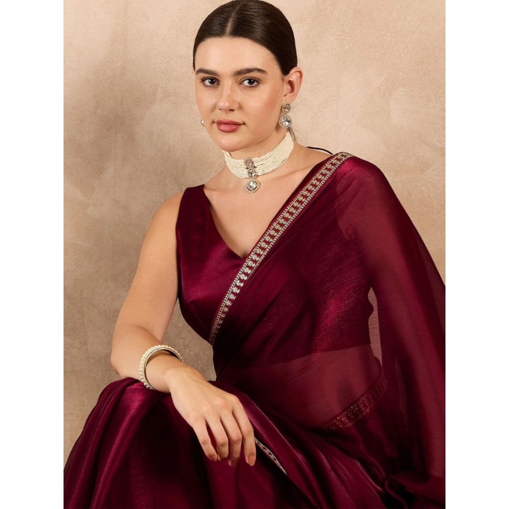 Women's Jimmy Choo solid Saree With Unstitched Blouse 5.5Mtr (Wine ) - Image 2