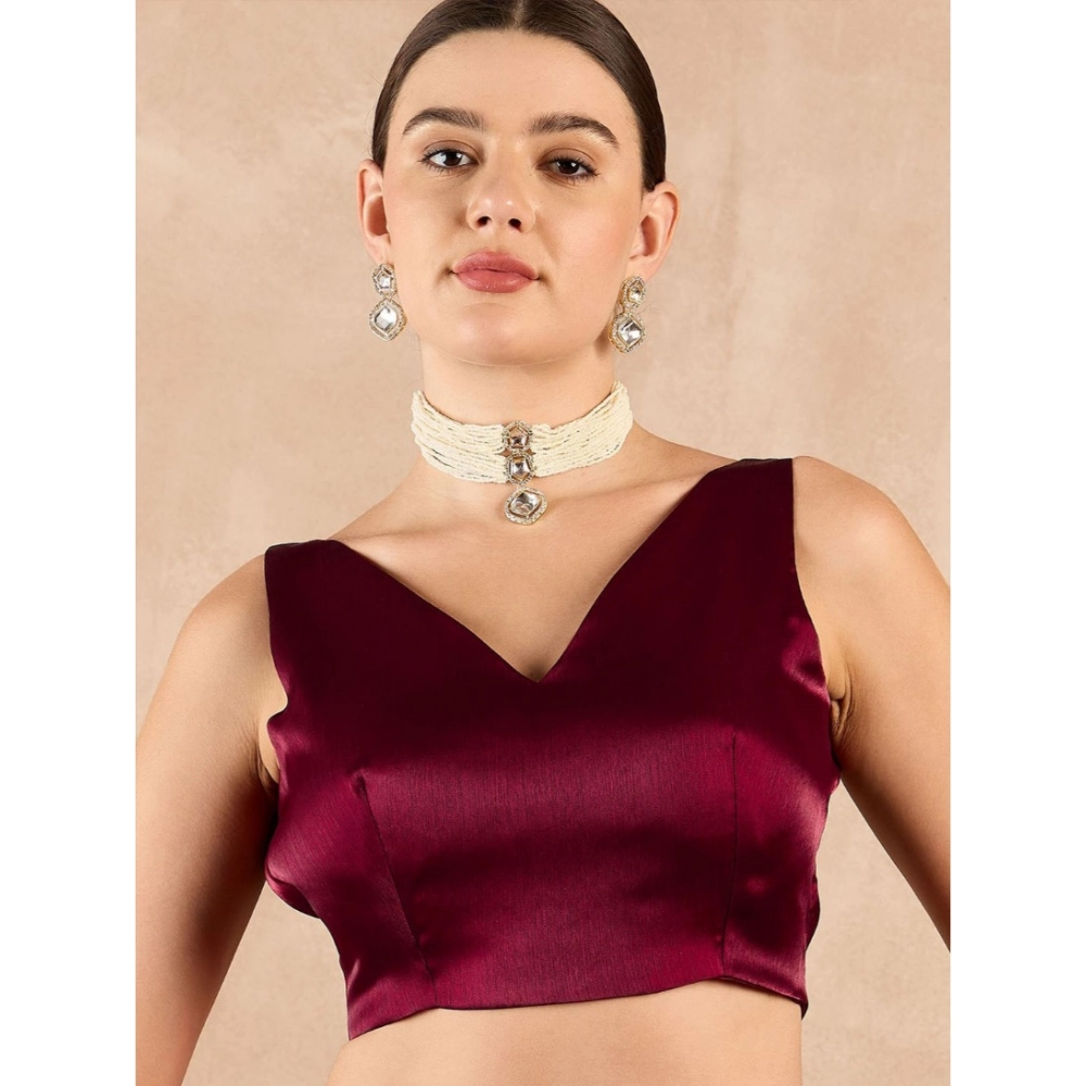Women's Jimmy Choo solid Saree With Unstitched Blouse 5.5Mtr (Wine ) - Image 3
