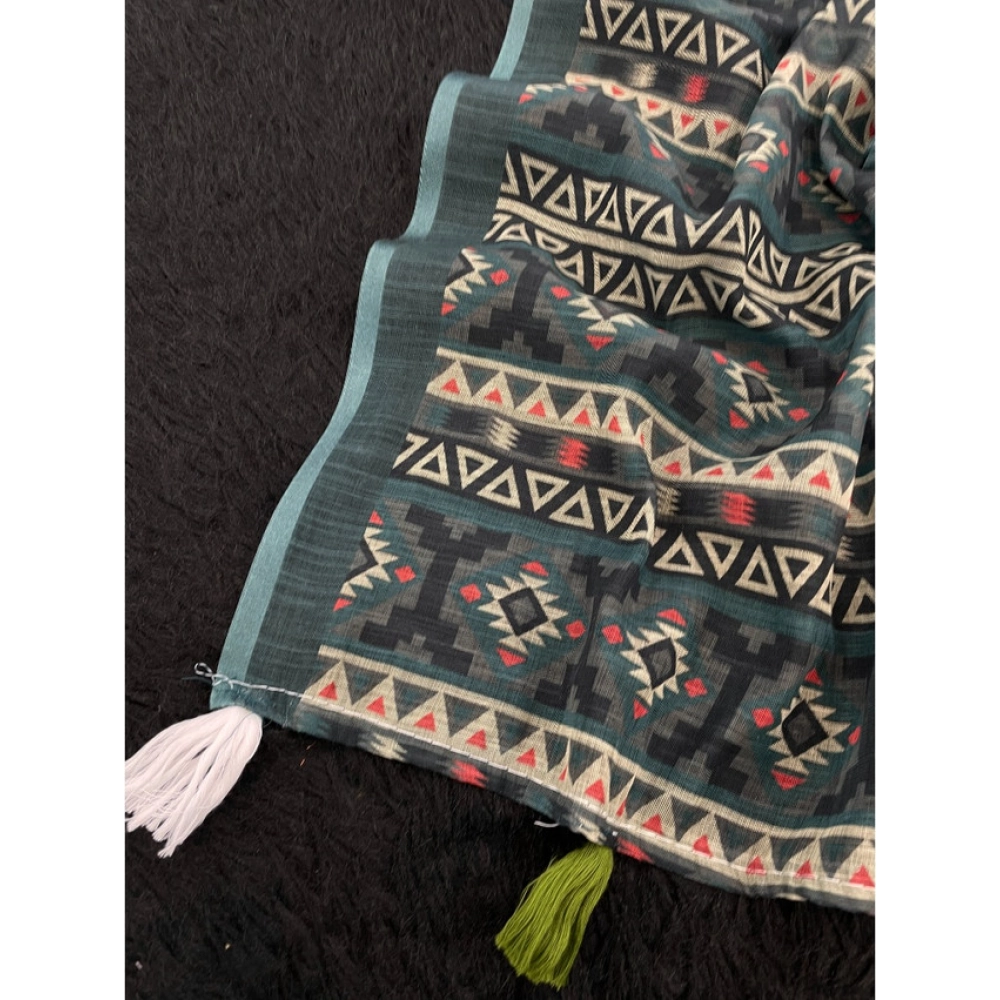 Women's Linen Cotton Printed Saree With Unstitched Blouse 5.5Mtr (Blue) - Image 3