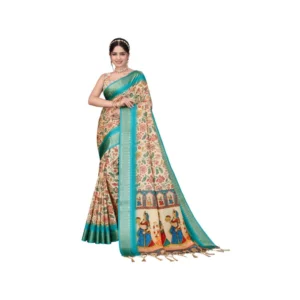 Women's Cotton Silk Printed Saree With Unstitched Blouse 5.5Mtr (Sky Blue)