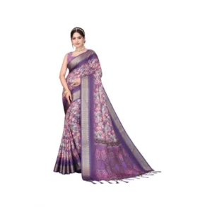 Women's Cotton Silk Printed Saree With Unstitched Blouse 5.5Mtr (Purple)