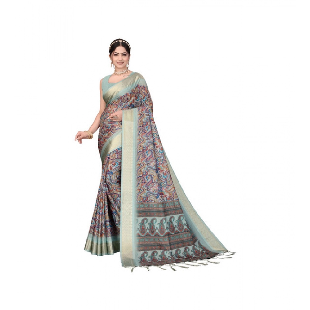 Women's Cotton Silk Printed Saree With Unstitched Blouse 5.5Mtr (Multicolor)