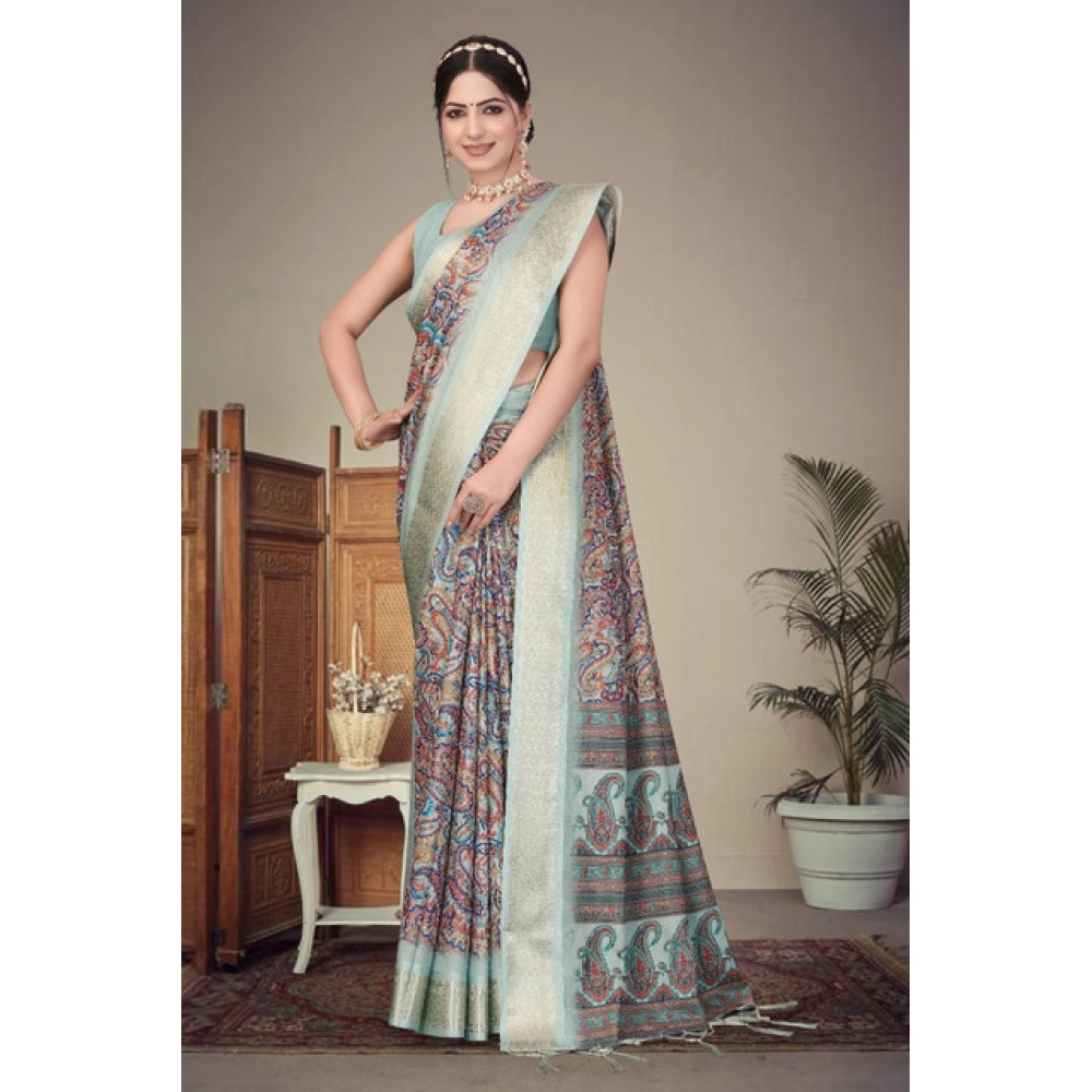 Women's Cotton Silk Printed Saree With Unstitched Blouse 5.5Mtr (Multicolor) - Image 3