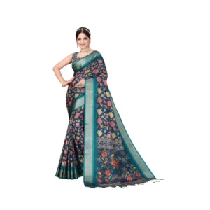 Women's Cotton Silk Printed Saree With Unstitched Blouse 5.5Mtr (Blue)