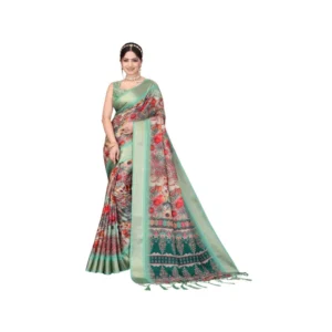 Women's Cotton Silk Printed Saree With Unstitched Blouse 5.5Mtr (Light Green)