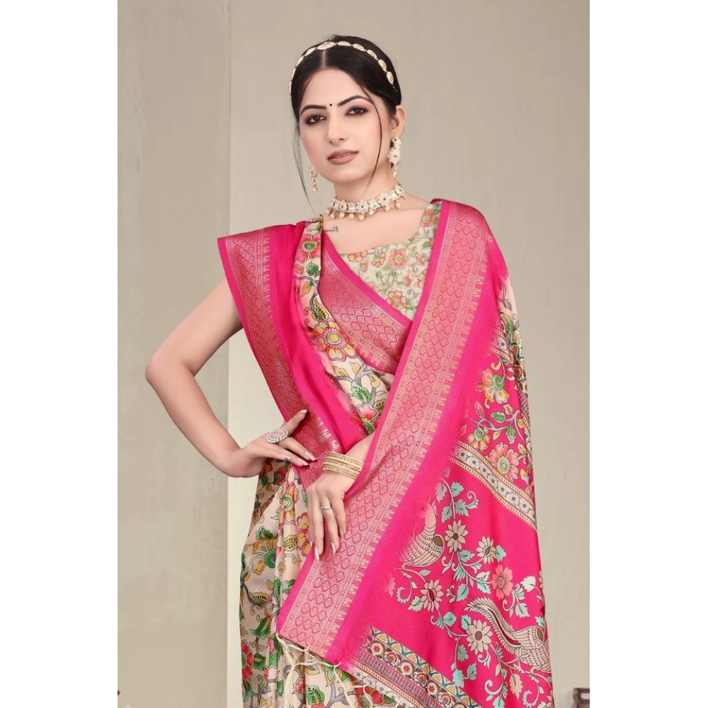 Women's Cotton Silk Printed Saree With Unstitched Blouse 5.5Mtr (Pink) - Image 2