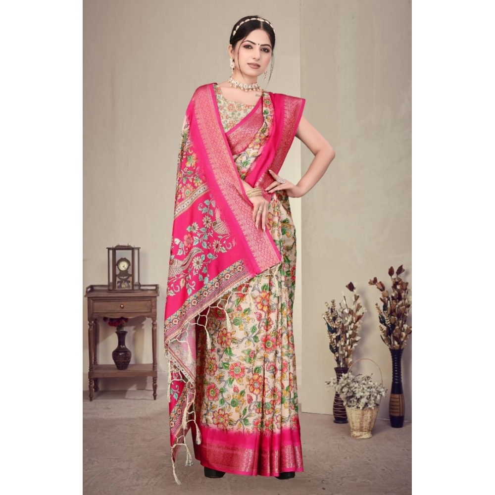Women's Cotton Silk Printed Saree With Unstitched Blouse 5.5Mtr (Pink) - Image 3