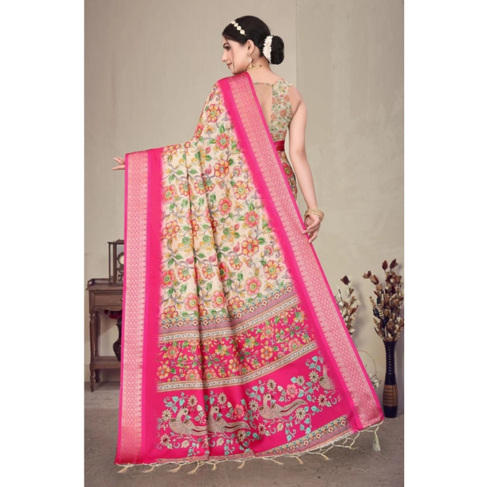 Women's Cotton Silk Printed Saree With Unstitched Blouse 5.5Mtr (Pink) - Image 4
