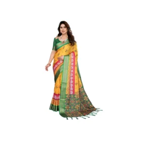 Women's Cotton Silk Printed Saree With Unstitched Blouse 5.5Mtr (Yellow)