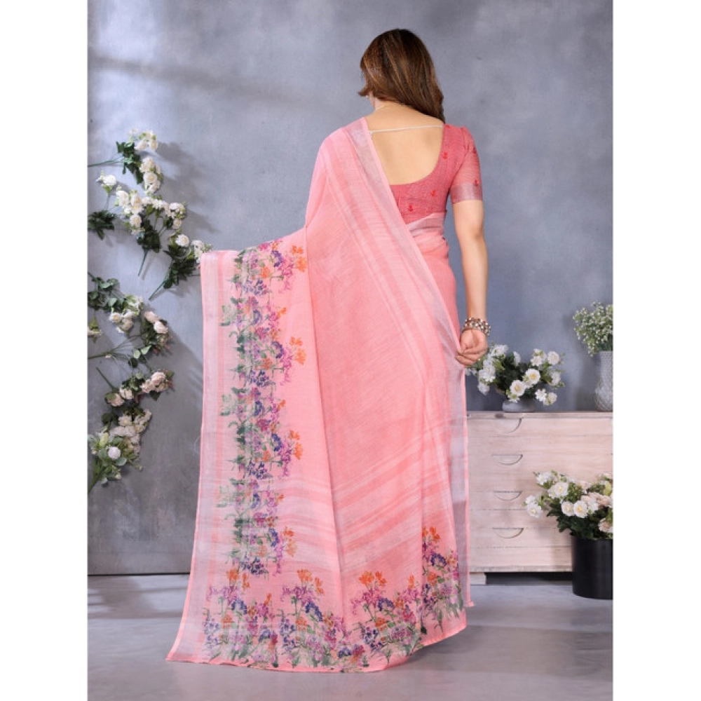 Women's Linen Cotton Printed Saree With Unstitched Blouse 5.5Mtr (Peach) - Image 3