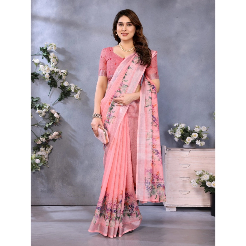 Women's Linen Cotton Printed Saree With Unstitched Blouse 5.5Mtr (Peach) - Image 4