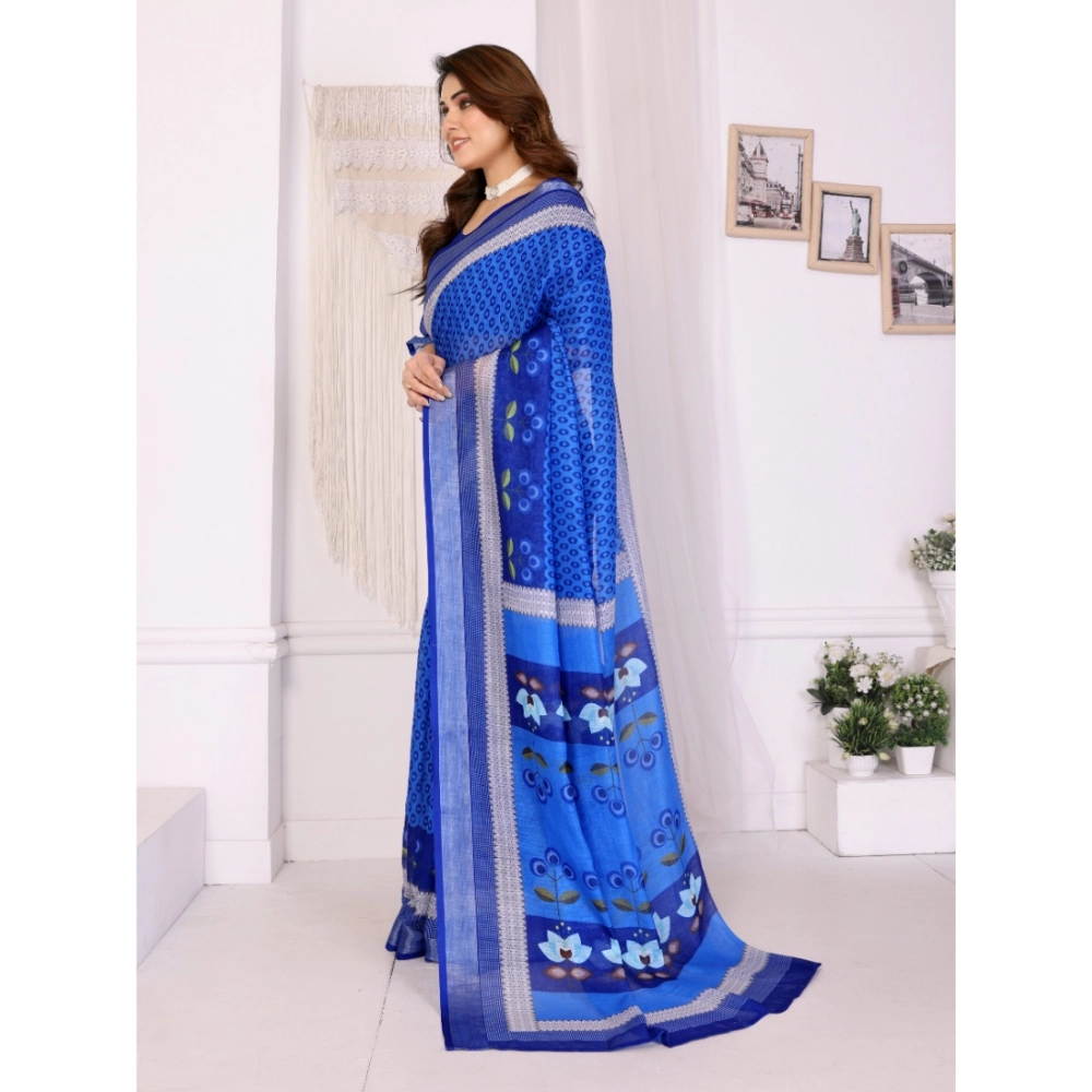Women's Linen Cotton Printed Saree With Unstitched Blouse 5.5Mtr (Blue) - Image 2