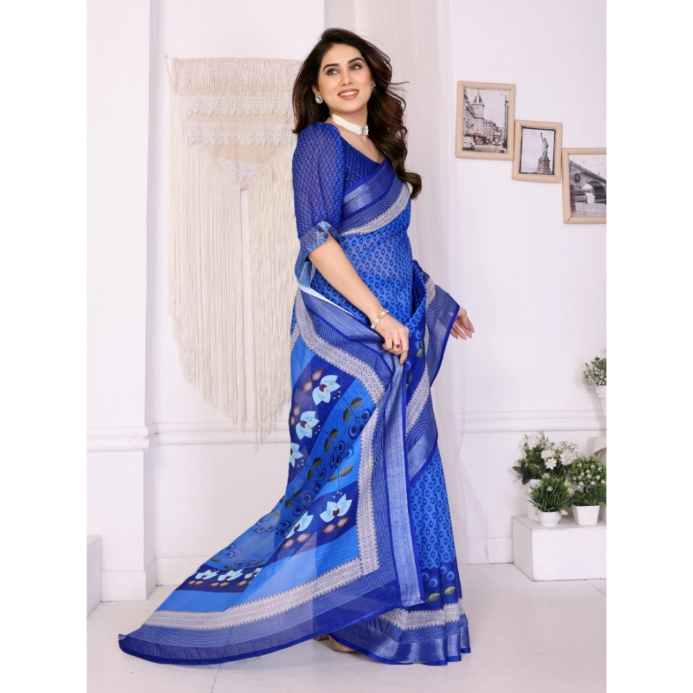 Women's Linen Cotton Printed Saree With Unstitched Blouse 5.5Mtr (Blue) - Image 3