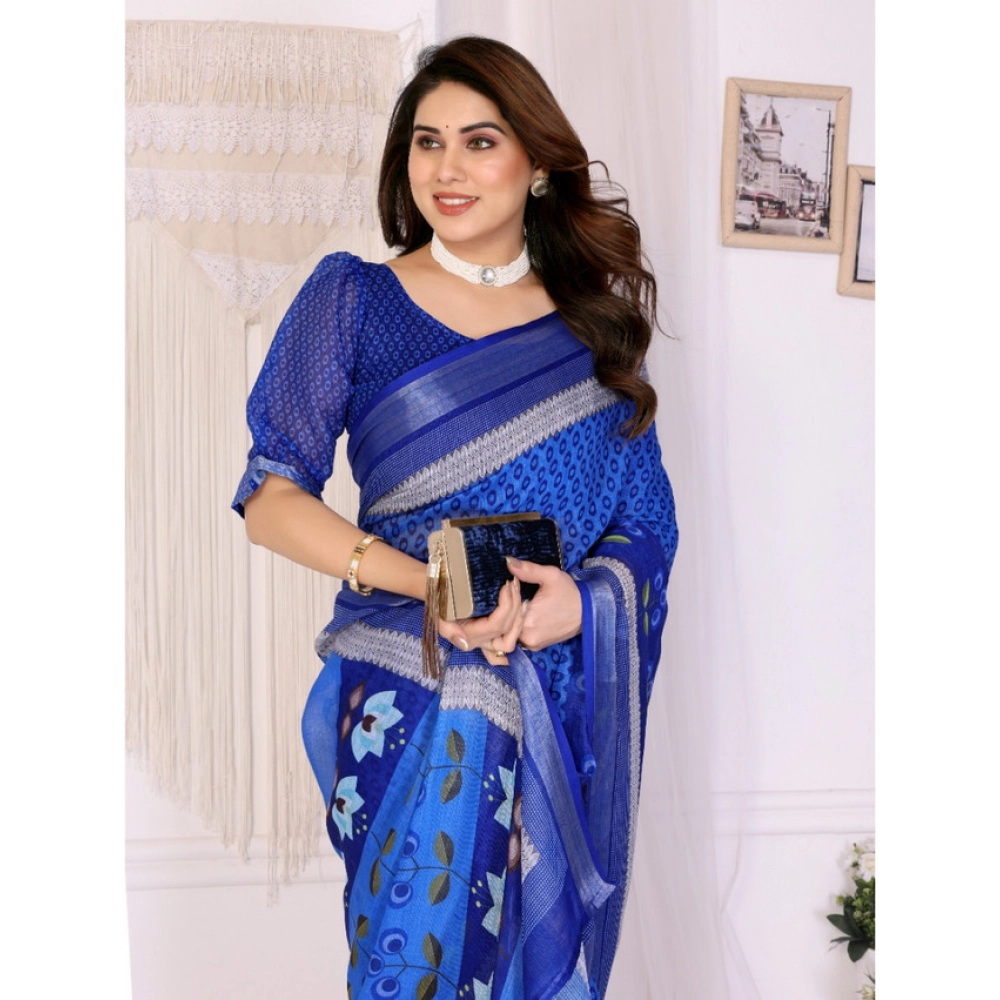 Women's Linen Cotton Printed Saree With Unstitched Blouse 5.5Mtr (Blue) - Image 4