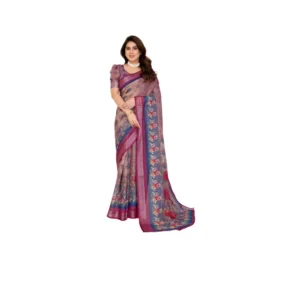Women's Linen Cotton Printed Saree With Unstitched Blouse 5.5Mtr (Wine )