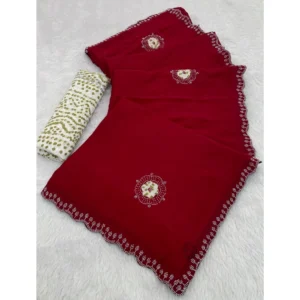 Women's Chiffon Butti Dotted Saree With Unstitched Blouse 5.5Mtr (Red)