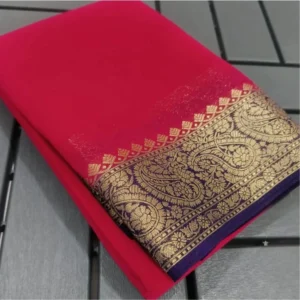 Women's Crepe Chit Pallu Solid Saree With Unstitched Blouse 5.5Mtr (Red)