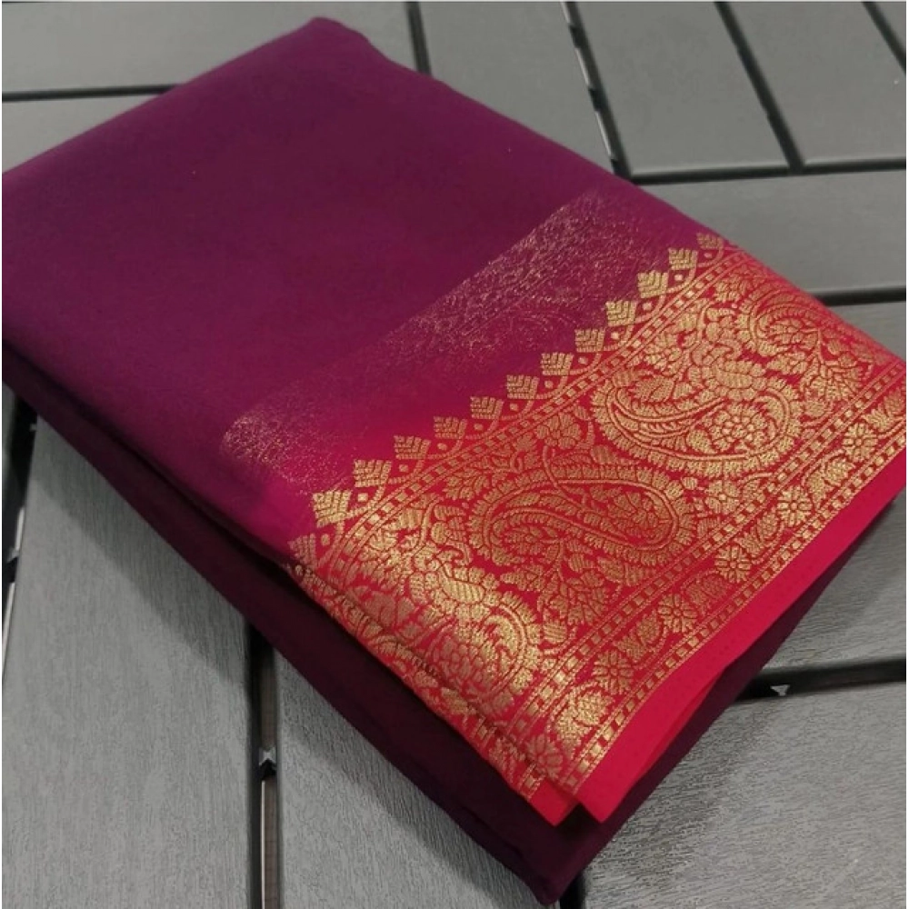 Women's Crepe Chit Pallu Solid Saree With Unstitched Blouse 5.5Mtr (Pink)