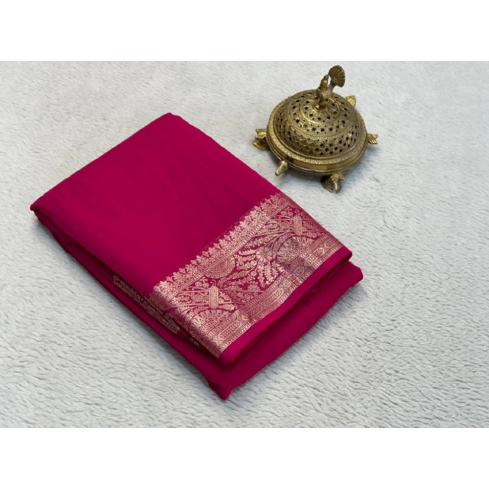Women's Crepe Chit Pallu Solid Saree With Unstitched Blouse 5.5Mtr (Pink)