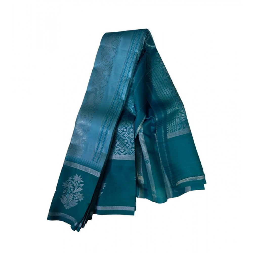 Women's Soft Silk Wooven Saree With Unstitched Blouse 5.5Mtr (Teal Blue)
