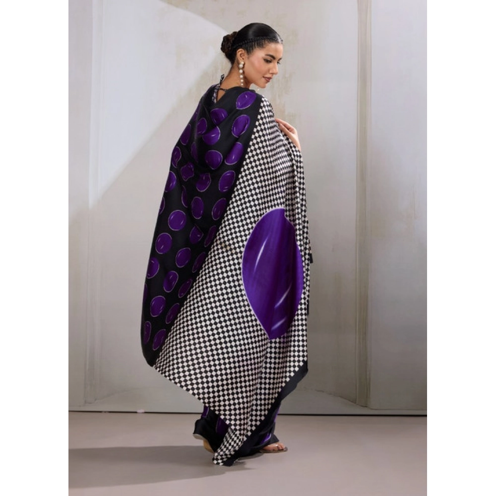 Women's Satin Crepe Printed Saree With Unstitched Blouse 5.5Mtr (Purple) - Image 2