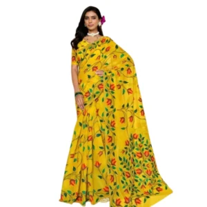 Women's Georgette Printed Saree With Unstitched Blouse 5.5Mtr (Yellow)