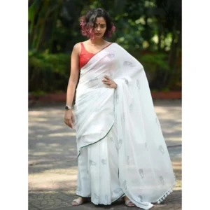 Women's Linen Printed Saree With Unstitched Blouse 5.5Mtr (White)
