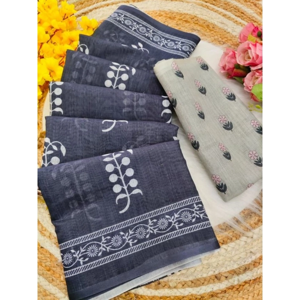 Women's Linen Printed Saree With Unstitched Blouse 5.5Mtr (Grey) - Image 2