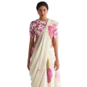 Women's Linen Printed Saree With Unstitched Blouse 5.5Mtr (White)