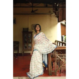 Women's Linen Printed Saree With Unstitched Blouse 5.5Mtr (White)
